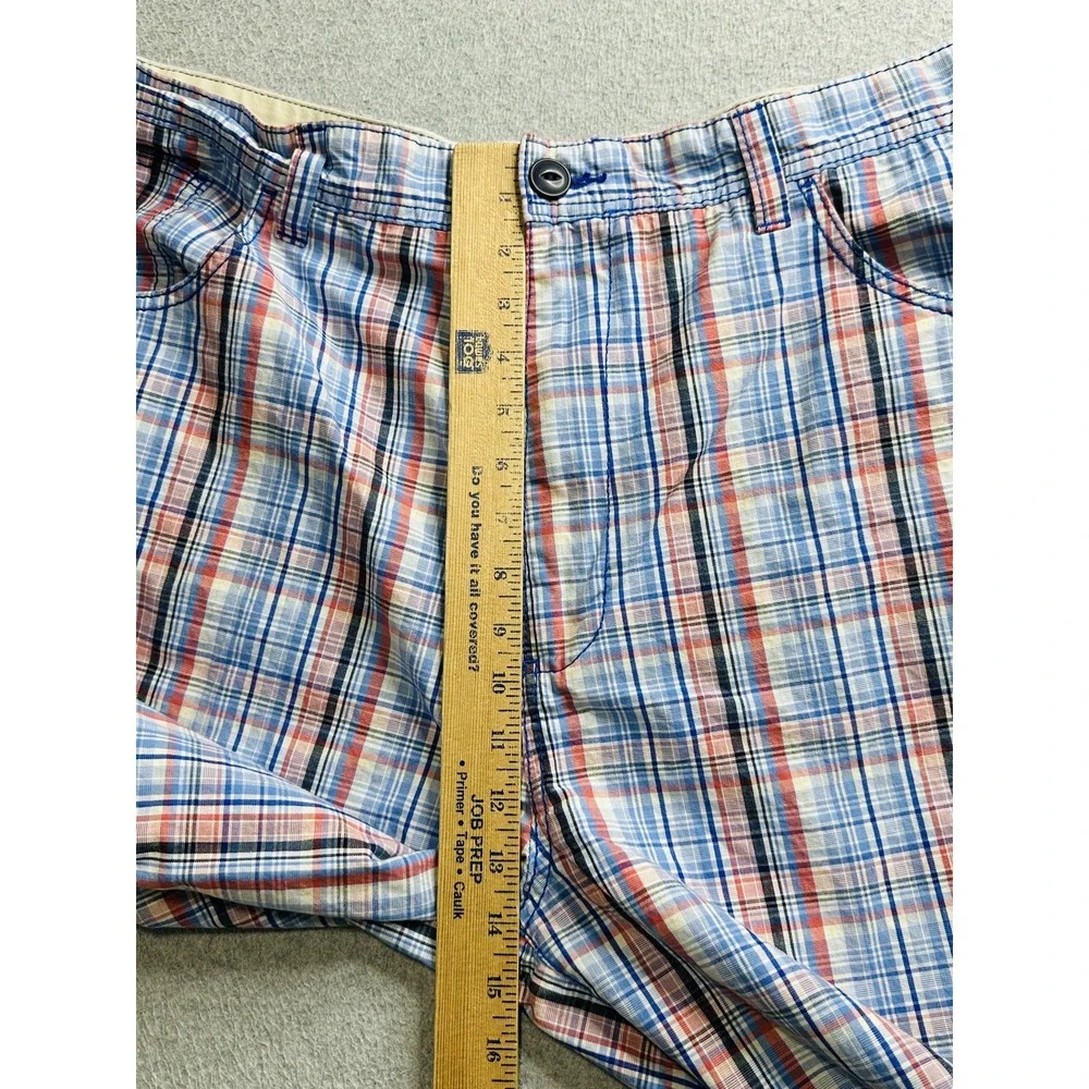 Footaction Shorts Mens 40 Blue Orange Plaid Cotton Casual Cargo Flap Pocket